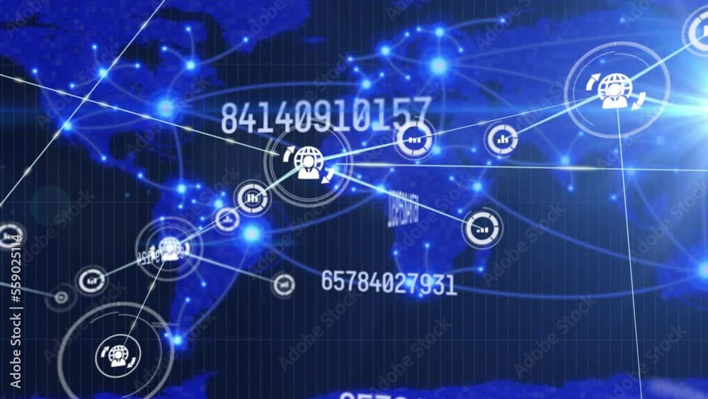Poster Animation of network of connections with icons and data processing over world map