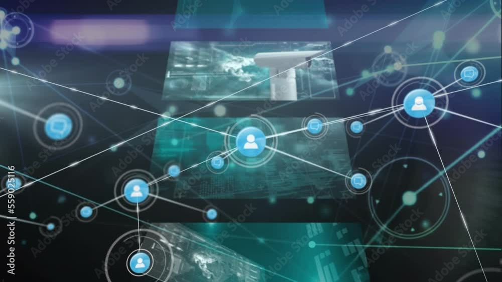Poster Animation of network of connections with icons and data processing over black background