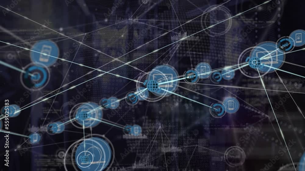 Poster animation of network of connections with icons and data processing over server room