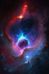 Ever-growing space nebula surrounds the gas planet that is emitting a bright blue energy stream Generative AI
