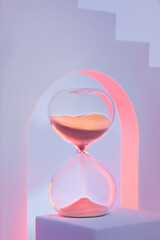 Hourglass on podium. Surreal arches in pink and purple neon lights. Hour glass is also known as...