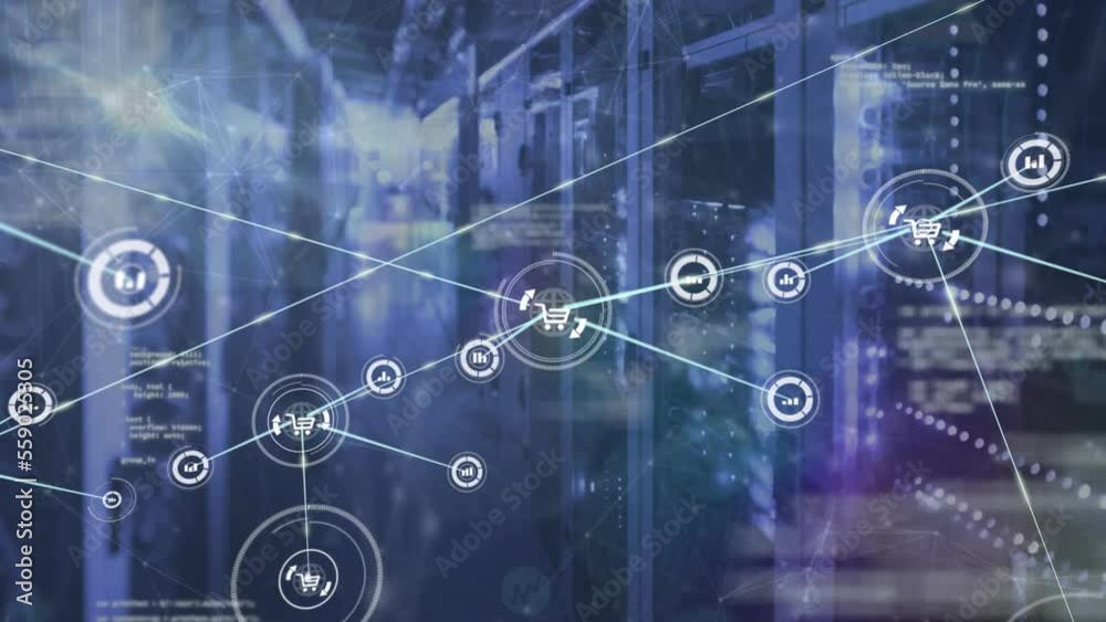 Poster Animation of network of connections with icons and data processing over server room