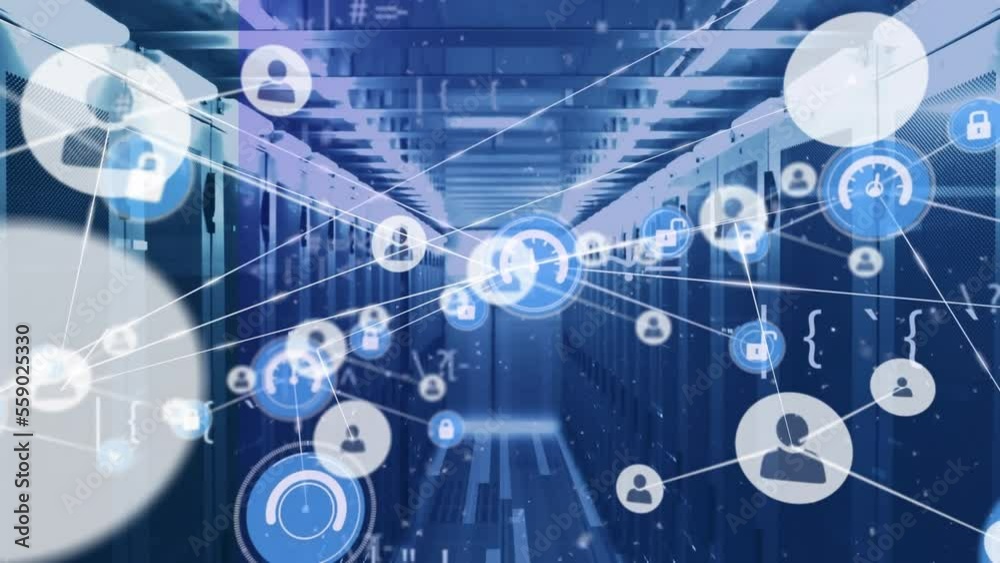 Poster animation of network of connections with icons and data processing over server room