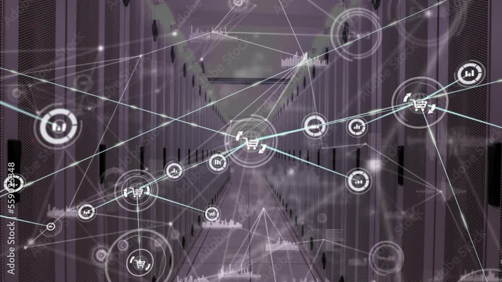 Poster animation of network of connections with icons and data processing over server room