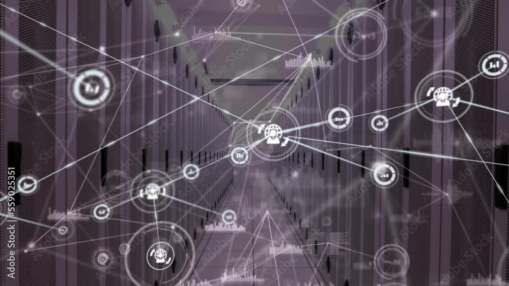 Poster animation of network of connections with icons and data processing over server room