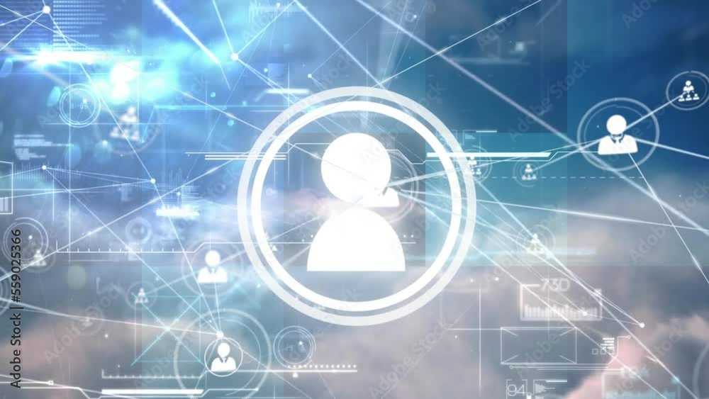 Poster animation of network of connections with icons and data processing over sky with clouds