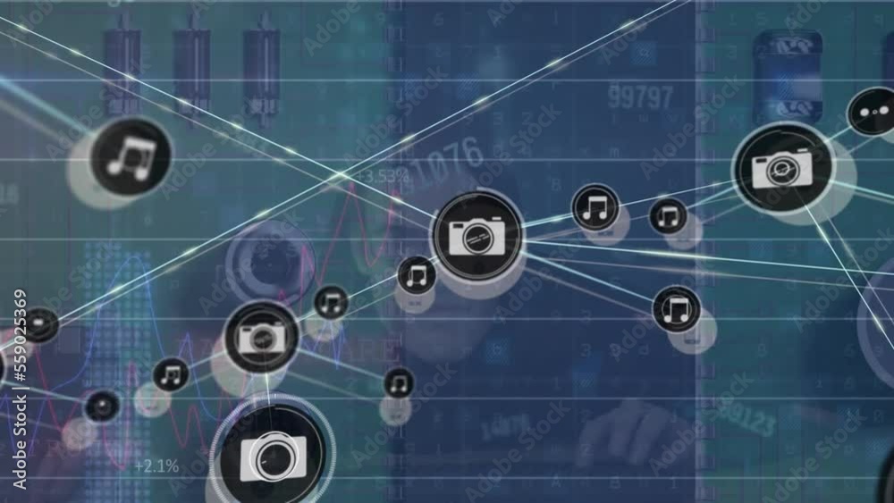 Poster animation of network of connections with icons and data processing over server room and hacker