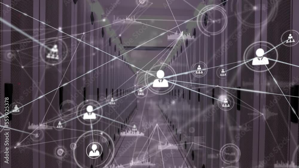 Poster animation of network of connections with icons and data processing over server room