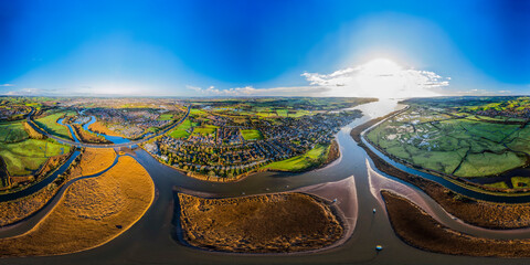 360 VR Aerial view of River Exe Estuary and surrounding countryside in Devon, England.