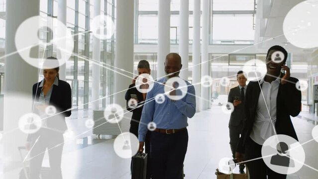 Animation of connected icons over diverse business people with phone and luggage walking at airport