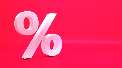 Percent icon 3d white red background, 3d rendering.