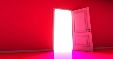 Red Room with the door open for a sky. Door to heaven. 3D Rendering.
