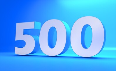 Number 500 in white on light blue background, isolated number 3d rendering.