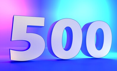 Number 500 in white on light blue background, isolated number 3d rendering.