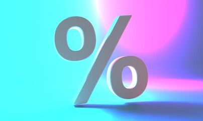 Percent icon 3d white blue background, 3d rendering.