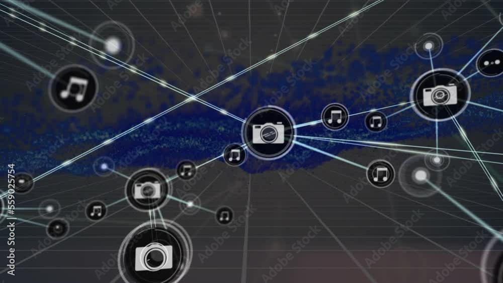 Poster animation of network of connections with icons and data processing over grid