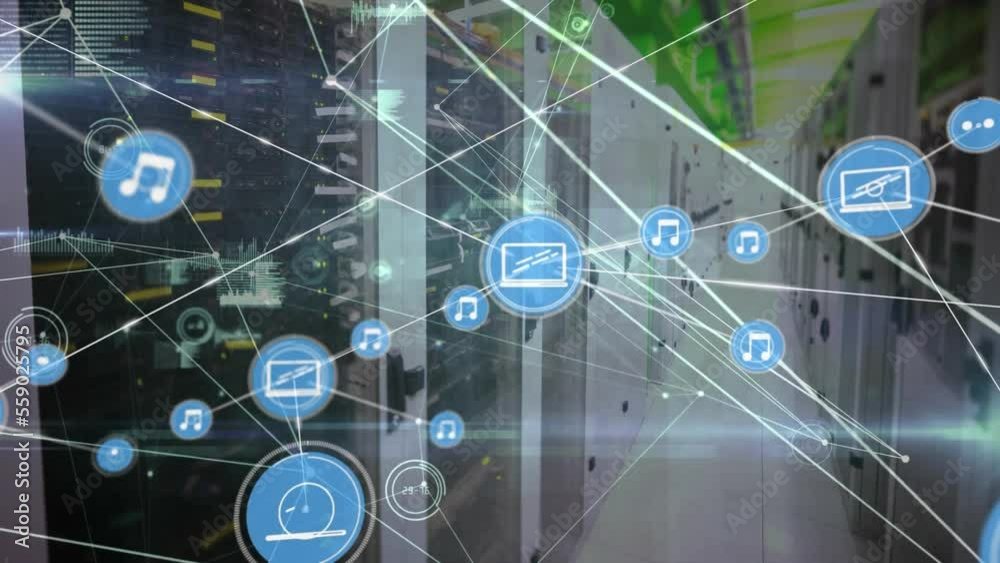 Poster animation of network of connections with icons and data processing over computer server
