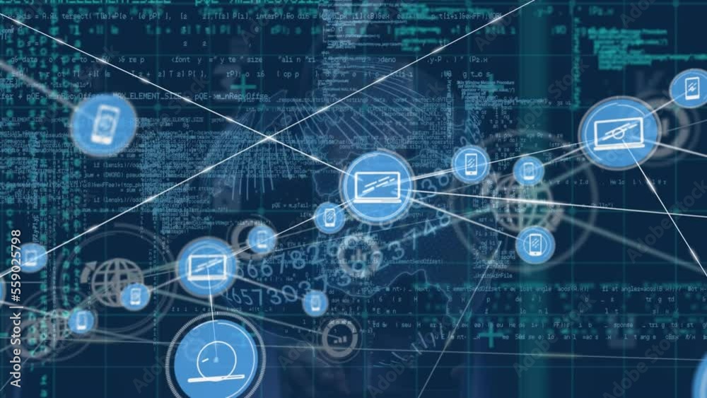 Poster animation of network of connections with icons and data processing