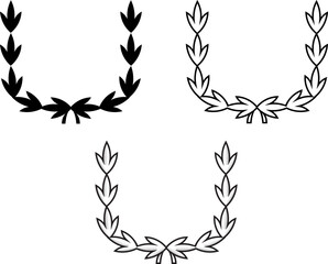  Set of six black and white circular laurels, linear and solid. Depicting an award, achievement, heraldry, nobility. Vector illustration.