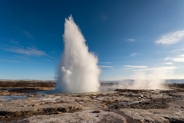 Beautiful eruption of the Strokkur geyser, less know but more active than the more famous Great...