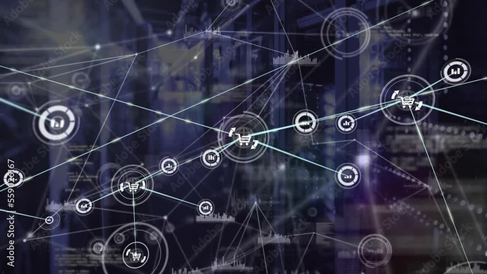 Poster animation of connected icons and dots, graphs and programming language against server room