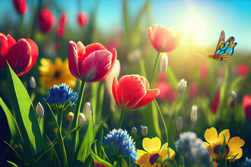 Beautiful meadow with tulips spring flowers stylized illustration. Generative AI