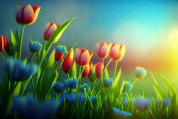 Beautiful meadow with tulips spring flowers stylized illustration. Generative AI
