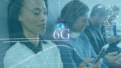 Animation of 6g text and data processing over biracial people using smartphones - Powered by Adobe