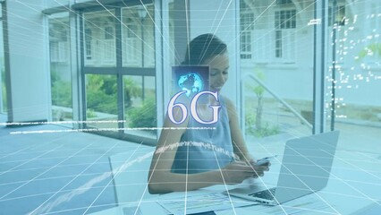 Animation of 6g text and data processing over biracial businesswoman using smartphone - Powered by Adobe