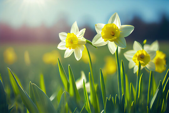 Beautiful bokeh meadow with daffodils spring flowers stylized illustration. Generative AI
