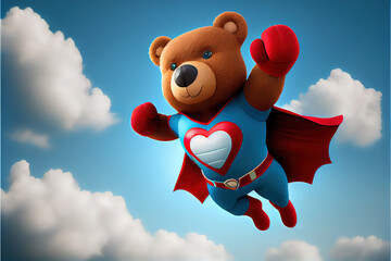  Mothers Day, funny valentine, super hero teddy bear with red heart on chest, love, valentines day, generative ai