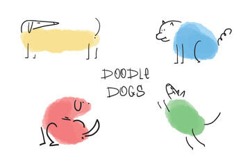 Set of hand drawn doodle dogs. Brush stroke. Watercolor spot. Simple minimalistic line art illustration with a linear dog. Joyful dog, dachshund. Postcard for congratulations. Drawing training for kid