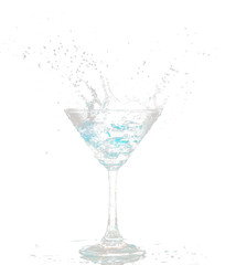 Blue Cocktail Glass with splashing water alcohol, Crystal Cocktail drink splatter splash in air and bubble from glass. Liquor Part freeze shot high speed over black background isolated