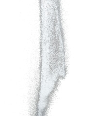 Million of white sand explosion, Photo image of falling down shower snow, heavy snows storm flying. Freeze shot on black background isolated overlay. Tiny Fine Salt sands as particle science