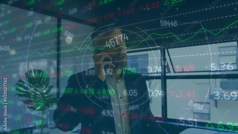 Poster Animation of financial data processing and scope over businessman using smartphone