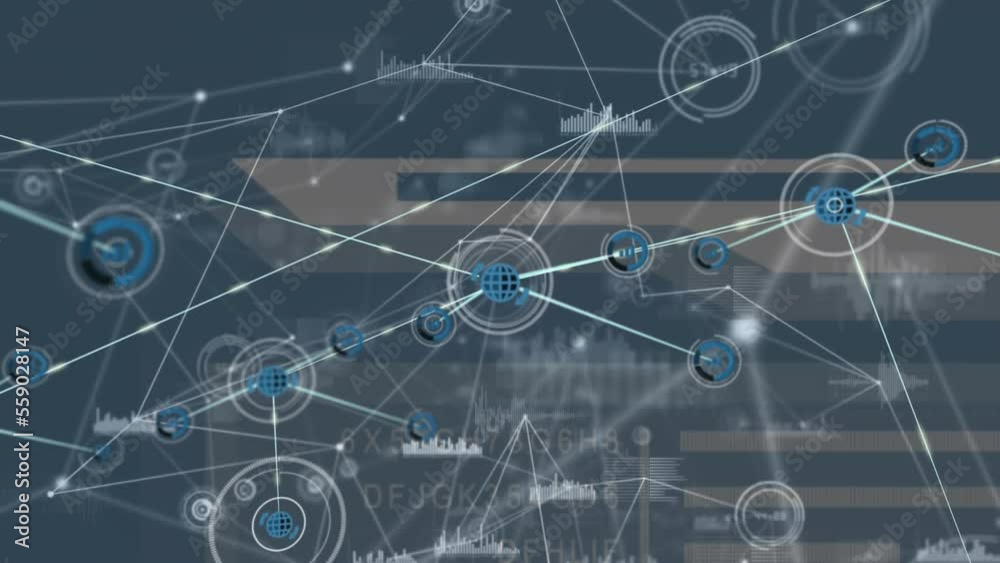 Poster animation of connected dots and icons over graphs, letters and numbers against abstract background