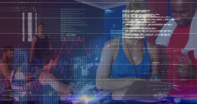Animation of financial data processing over diverse people at gym