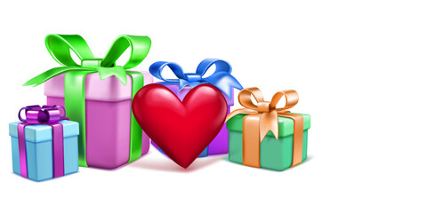 Valentine's Day illustration with colored gift boxes and red heart on white background