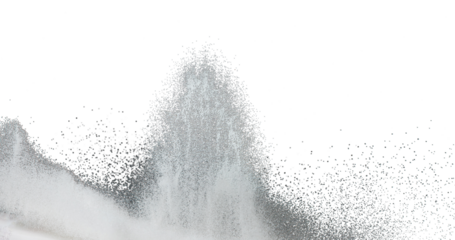Million of white sand explosion, Photo image of falling down shower snow, heavy snows storm flying. Freeze shot on black background isolated overlay. Tiny Fine Salt sands as particle science