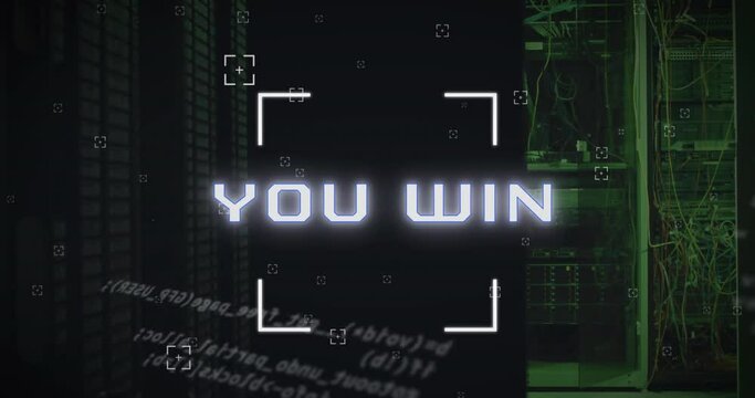 Animation of you win text and data processing over server room - Powered by Adobe
