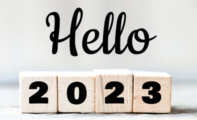 HELLO 2023 text. Greeting the new month - Concept.