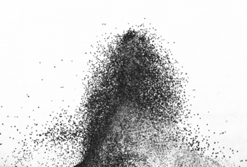 Million of black sand explosion, Photo image of falling down sands flying. Freeze shot on black background isolated overlay. Tiny Fine sand dust magnet as particle disintegrate science