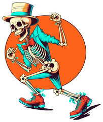 Happy dancing skeleton. Vivid colors. Mexican Day of the Dead. T-shirt print