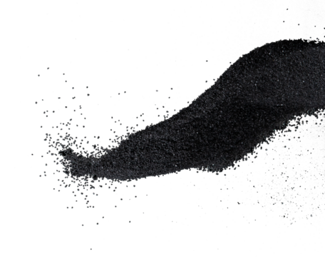 Million of black sand explosion, Photo image of falling down sands flying. Freeze shot on black background isolated overlay. Tiny Fine sand dust magnet as particle disintegrate science
