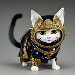 White cat in samurai cosplay