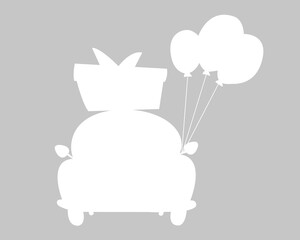 Car with gifts and air balloons, white silhouette, flat vector