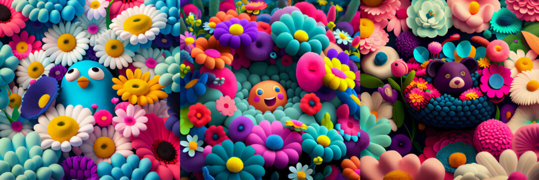 Cute characters rounded by colorful flowers made from plush.