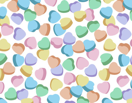 Candy Hearts Pattern Swatch Vector Seamless Shapes Valentine's Day Conversation Sweets 3D Scalable Customizable Multicolored Isolated