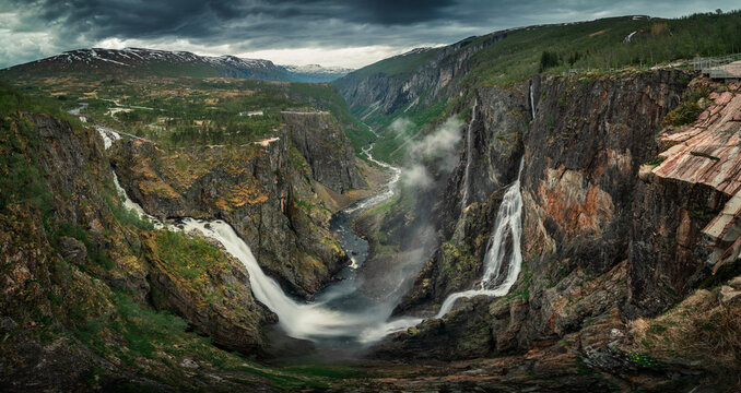 Landscape panorama of Voringsfossen waterfall in a valley at Hardangervidda National Park from above in Norway