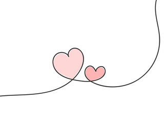 Two Hearts Continuous One Line Drawing. Hearts Couple Minimalist Illustration. Contour Art love concept. Valentines day Vector illustration